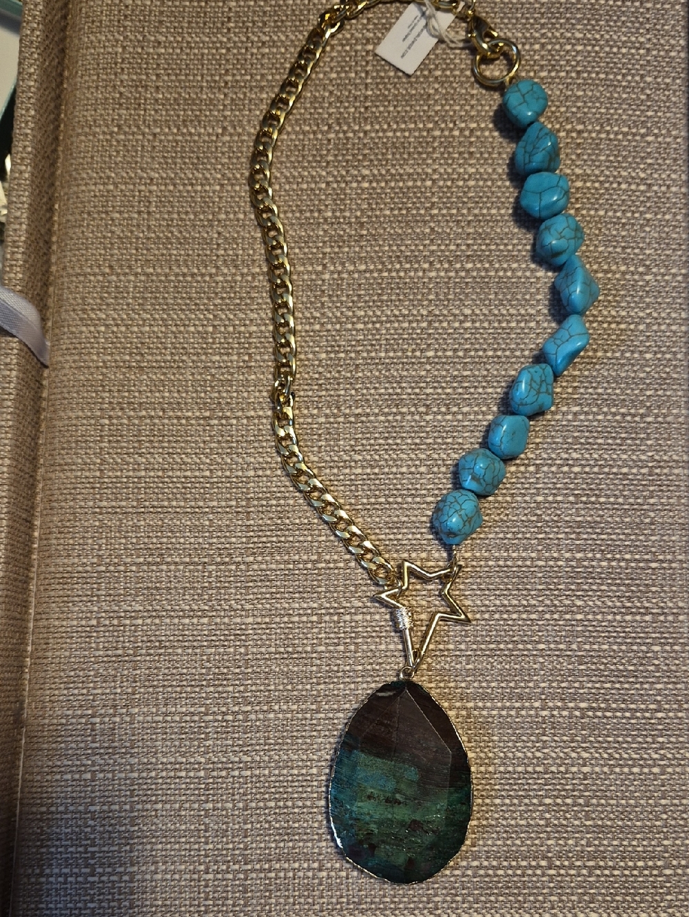 Gold Chain Necklace with Turquoise Beads and Green Stone Pendant